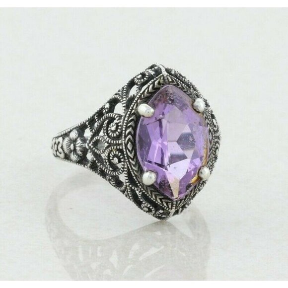 Sterling Silver Purple Amethyst Scrolling Filigree Design Ring size 6 3/4 - Picture 1 of 8